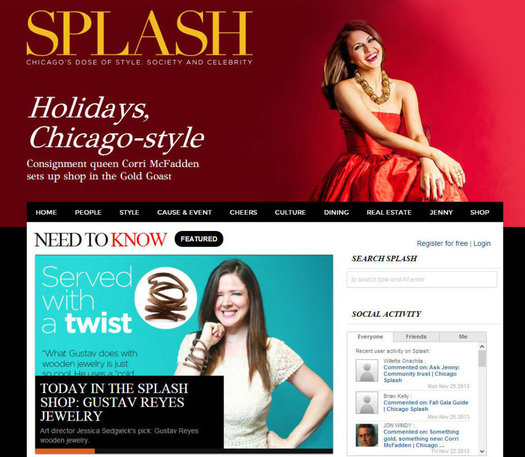 Screenshot of Splash Chicago featuring Gustav Reyes wooden jewelry in the Served with a twist and Splash Shop sections.