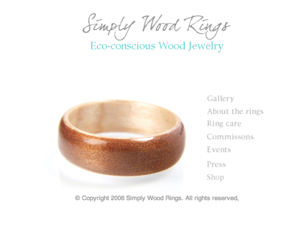 Archived Simply Wood Rings website from 2006 showing the early Eco-conscious Wood Jewelry identity and wooden ring imagery.